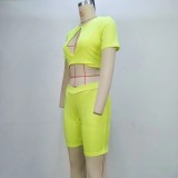 Summer New Short-sleeved Hollow Crop Top Hip-lifting Shorts Suit
