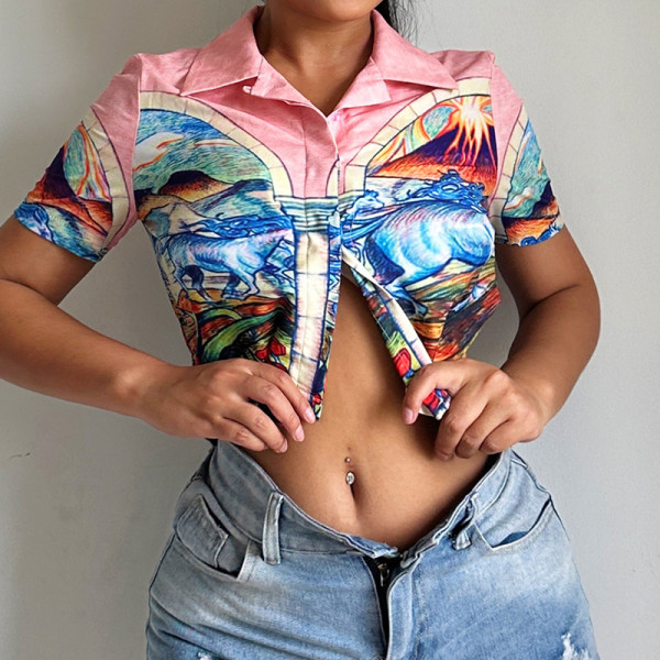Beach Resort Style Loose Printed Crop Top