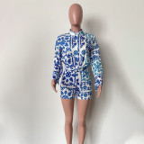 Fashion Print Casual Long-sleeved Cardigan Shorts Two-piece Set
