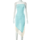 New Fashion Street Solid Color Wrapped Chest Irregular Fringe Dress