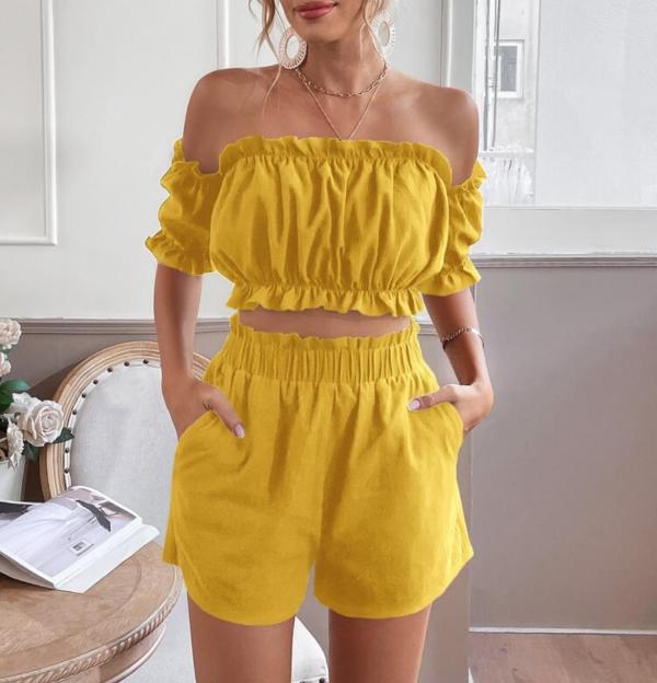 Summer New Sexy One-shoulder Cropped Navel Short-sleeved Suit