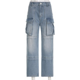 Trendy Oversized Pocket Cargo High-Rise Straight-Leg Jeans