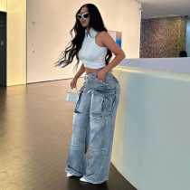 Trendy Oversized Pocket Cargo High-Rise Straight-Leg Jeans