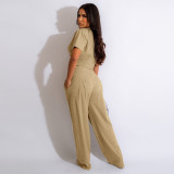 Solid Color Shirred T-shirt Loose Wide-leg Pants Two-piece Set