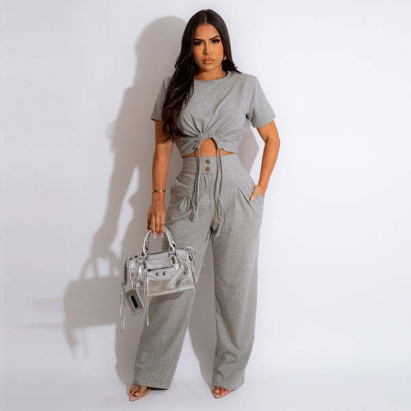 Solid Color Shirred T-shirt Loose Wide-leg Pants Two-piece Set