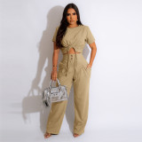 Solid Color Shirred T-shirt Loose Wide-leg Pants Two-piece Set