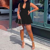 Casual Fashion Solid Color Waist Hollow Fluffy V-neck Dress