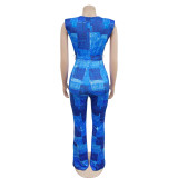 Trendy Denim Print Lace-Up Sleeveless Jumpsuit