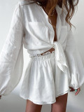 Fashion Cotton And Linen Lng-sleeved Shorts Two-piece Set