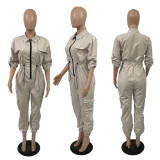 Fashion Cardigan Waist Woven Multi-pocket Cargo Jumpsuit