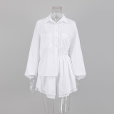 Fashion Cotton And Linen Lng-sleeved Shorts Two-piece Set