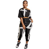 Fashion Two-piece Cropped Trousers Set With Cross-shoulder Print