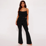 Solid Color Fringed Suspender Top And Flared Trousers Two-piece Set