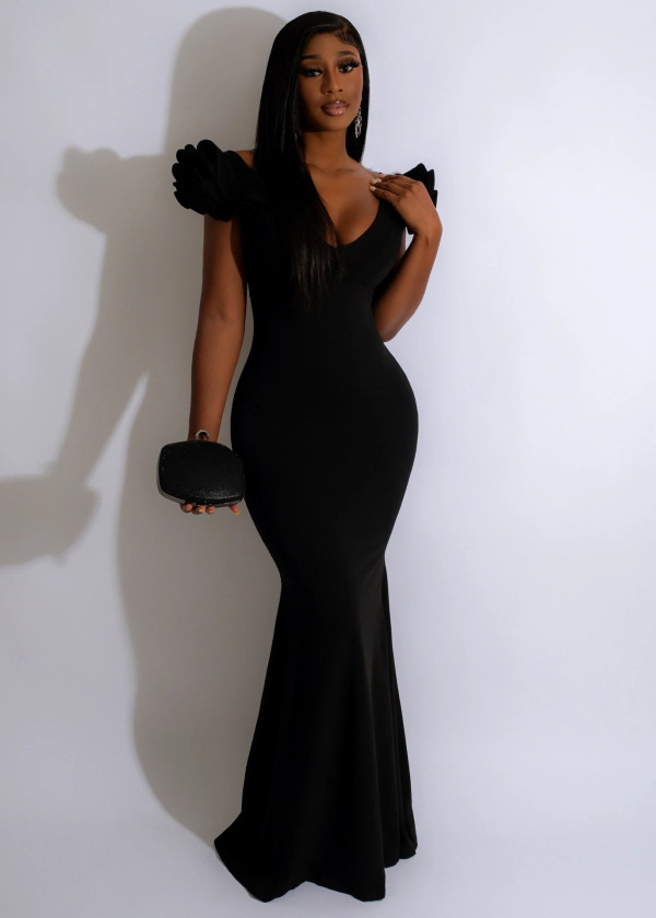 Solid Color V Neck Ruffle Sleeve Dress