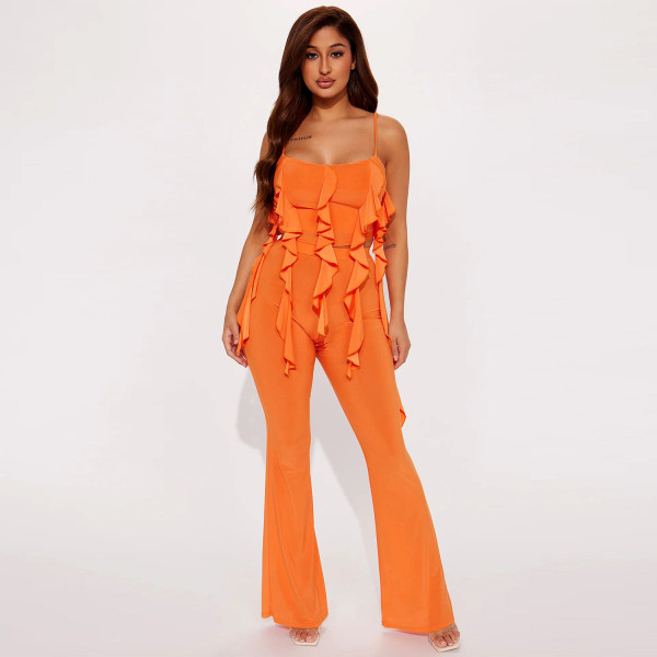 Solid Color Fringed Suspender Top And Flared Trousers Two-piece Set