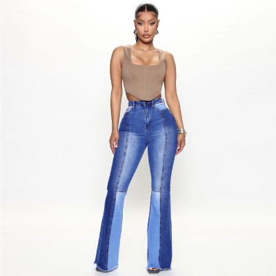 Fashionable Elastic High-waisted Two-tone Paneled Trousers