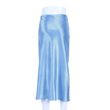 Drape Satin Mid-length High Waist Bag Hip A-line Skirt