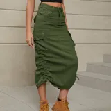 Chic Casual Denim Utility Midi Skirt