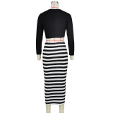 Long Sleeve Lace Up Cardigan Striped Ruffle Half Body Skirt Set