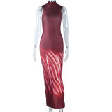 Fashion Stand Collar Sleeveless Print Bag Hip Dress