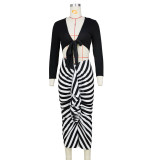 Long Sleeve Lace Up Cardigan Striped Ruffle Half Body Skirt Set