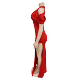 Solid Color V-neck Pleated High Slit Dress