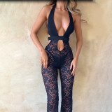 Halter Neck Sexy Hollow Lace See-through Jumpsuit