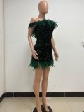 Sequined Open Back One Shoulder Feather Wrap Hip Dress