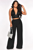 Sexy Low Cut Sequined Halter Vest Chiffon High Waist Straight Pants Two-Piece Set