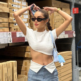 New Textured Round Neck Short Sleeve Angled Crop Top T-Shirt