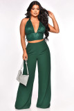 Sexy Low Cut Sequined Halter Vest Chiffon High Waist Straight Pants Two-Piece Set