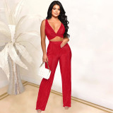 Sexy Sleeveless Pleated Solid Color Two-piece Suit