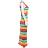 New Knit High Waist Contrasting Color Slim Sleeveless Long Dress