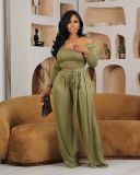 Solid Color Knitted Lace-Up Wide-Leg Pants Two-Piece Set
