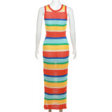New Knit High Waist Contrasting Color Slim Sleeveless Long Dress
