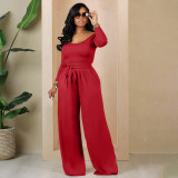 Solid Color Knitted Lace-Up Wide-Leg Pants Two-Piece Set