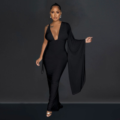 Sexy V-neck Solid Color One-sleeve Backless Dress