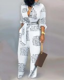 Fashion Print Button Loose Long Sleeve Tie Straight Jumpsuit