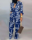 Fashion Print Button Loose Long Sleeve Tie Straight Jumpsuit