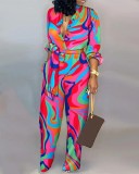 Fashion Print Button Loose Long Sleeve Tie Straight Jumpsuit