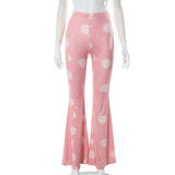 High Waist Pink Flared Trousers With Starry Sky And Sun Print