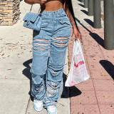 Fashionable Pocket Stitching Hollow Hole Ripped High Waist Jeans
