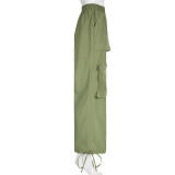 Casual Loose Large Pocket Zipper Woven Elastic Waist Cargo Pants