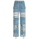 Fashionable Pocket Stitching Hollow Hole Ripped High Waist Jeans