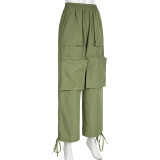 Casual Loose Large Pocket Zipper Woven Elastic Waist Cargo Pants