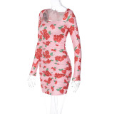 Floral Print Long Sleeve Square Neck Pleated Fitted Dress