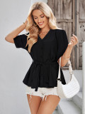 New Casual V-neck Single-breasted Tie-waist Short-sleeved Top
