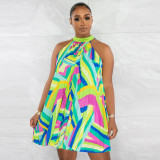 New Off Shoulder Sleeveless Printed Pleated Beach Dress