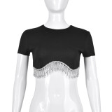 Fashion Sexy Stitching Metal Chain Navel T-shirt