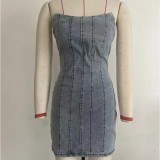 Fashion Tube Top Stitching Bag Hip High Elastic Denim Dress